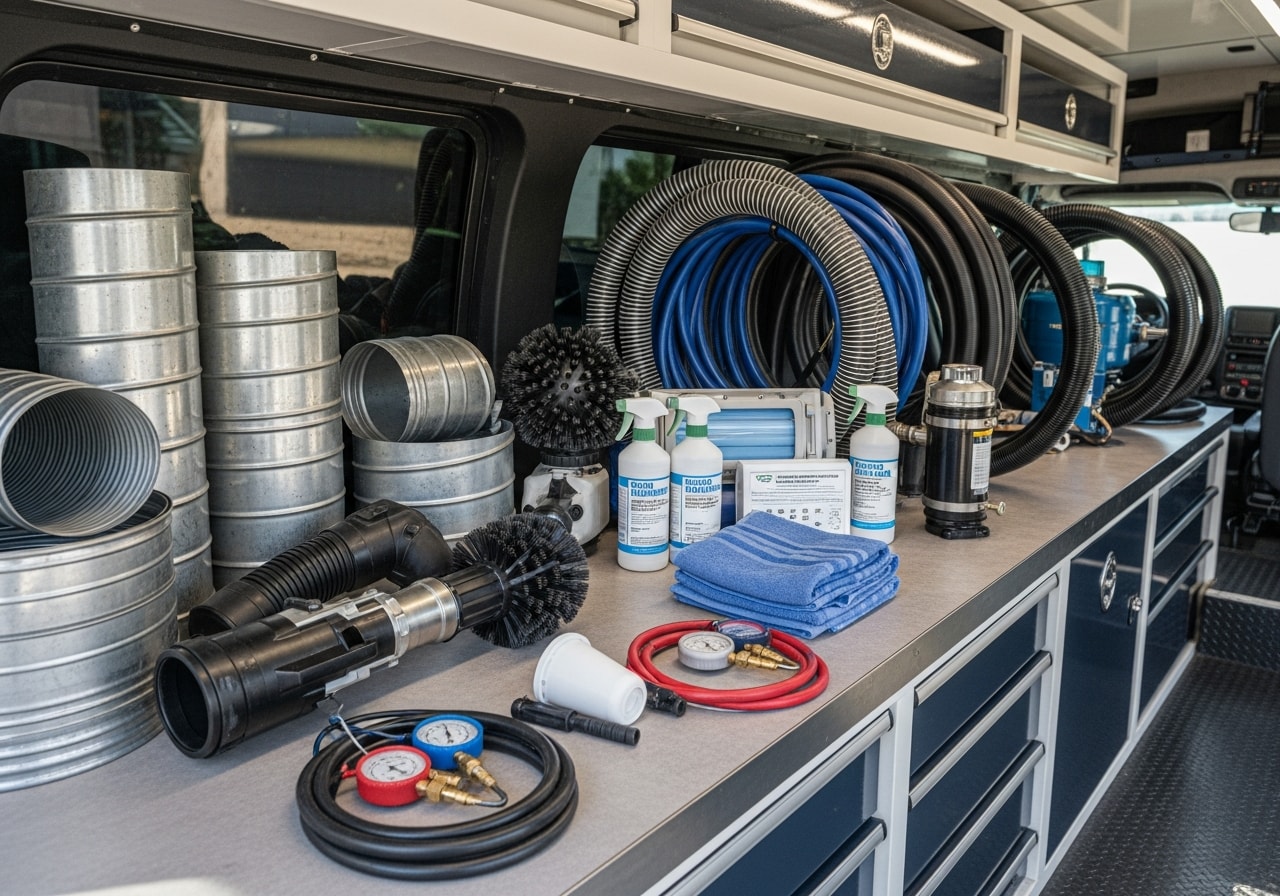 Professional HVAC duct cleaning equipment and tools displayed in a service vehicle or workshop setting.