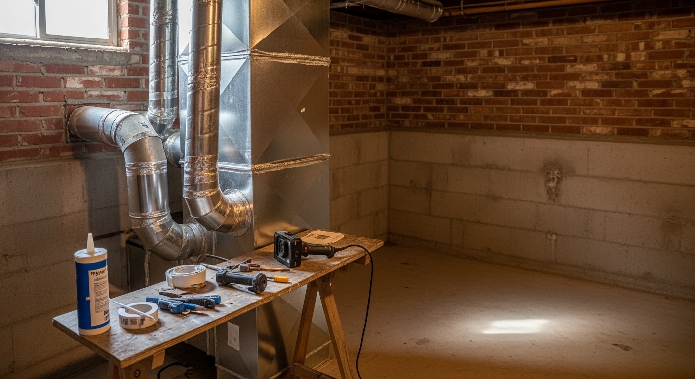 HVAC technician inspecting ductwork in attic