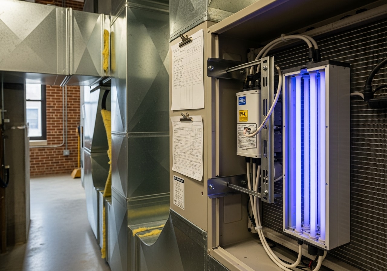UV-C air purification system installation in commercial HVAC unit in Downtown Knoxville