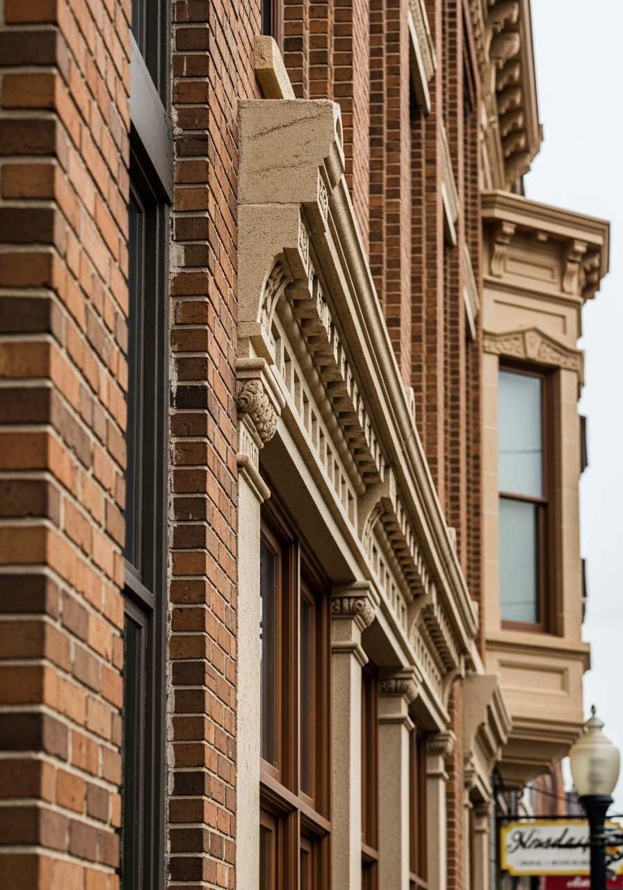 Close-up of a restored historic building facade in downtown Knoxville showing original brickwork and architectural details.