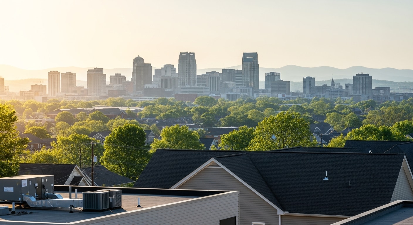 Knoxville skyline with downtown buildings and surrounding residential neighborhoods visible in daylight.
