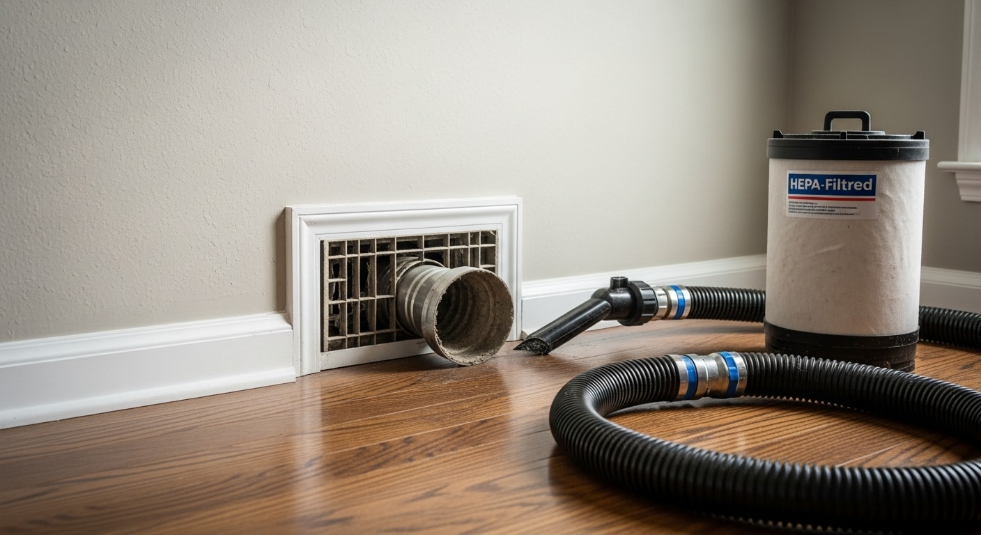 A Knoxville home's air duct register before and after professional cleaning, showing heavy dust and debris removal from the ductwork interior. The cleaned duct shows clear metal walls with no visible buildup, reflecting the result of 865 Duct & Dryer Vent Cleaning's air duct cleaning service.