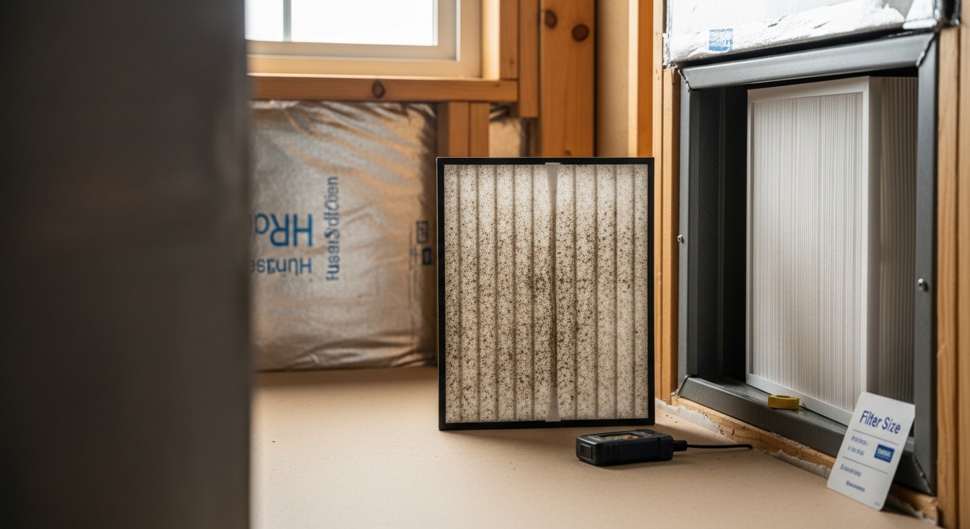 A technician from 865 Duct & Dryer Vent Cleaning removing a dust-loaded air filter from a return air vent inside a Knoxville home. A clean replacement filter sits beside the open vent slot, ready for installation.