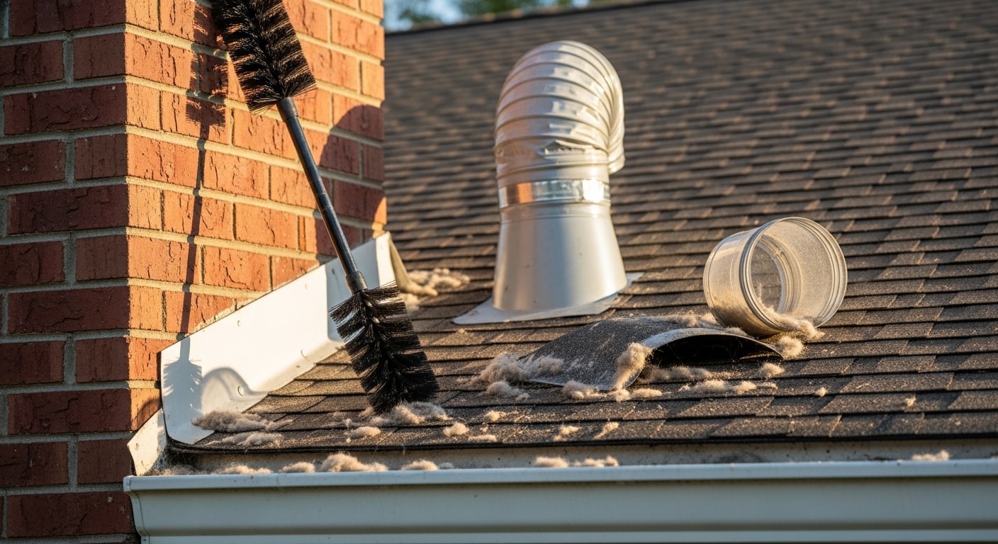 A technician from 865 Duct & Dryer Vent Cleaning removing a dense lint blockage from a residential dryer vent line at a Knoxville home. The exterior vent cap is open and clear after the cleaning is complete.