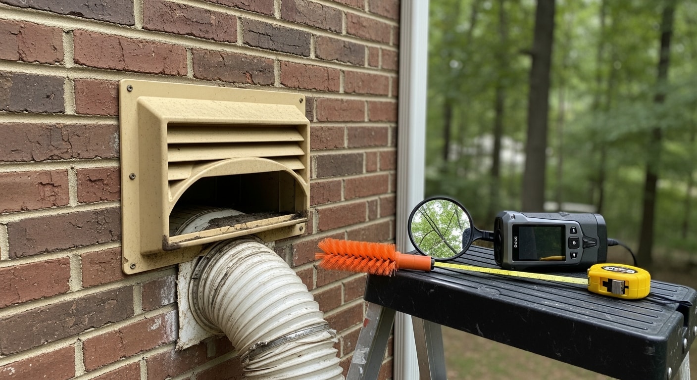 A technician from 865 Duct & Dryer Vent Cleaning inspecting a residential dryer vent line at a Knoxville home, checking the duct connection behind the dryer for lint buildup and damage. The exterior vent cover on the side of the house is visible, showing the full path of the vent run being assessed.