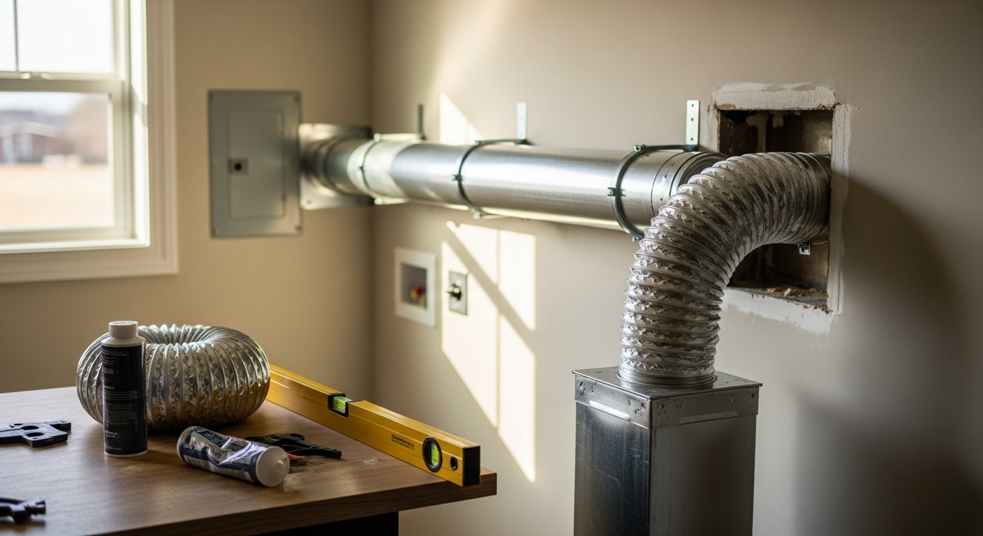 A technician from 865 Duct & Dryer Vent Cleaning installs a rigid metal dryer vent duct through an exterior wall of a Knoxville residential home. The new duct run is visible from the laundry room connection to the finished wall cap outside.