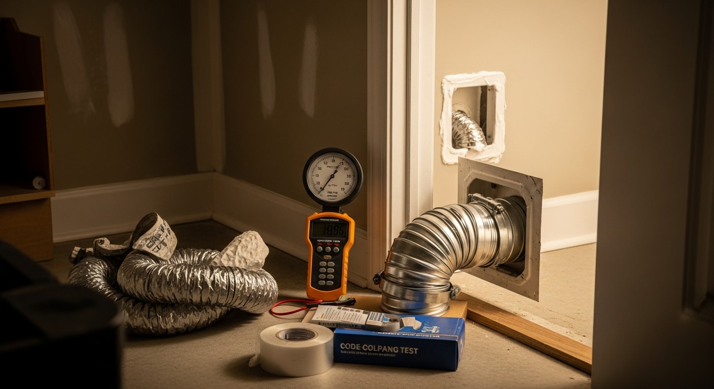 A technician inspecting a rigid metal dryer vent line connected to a residential dryer in a Knoxville home laundry room. The exterior vent termination cap is visible on the outside wall with clear airflow access.