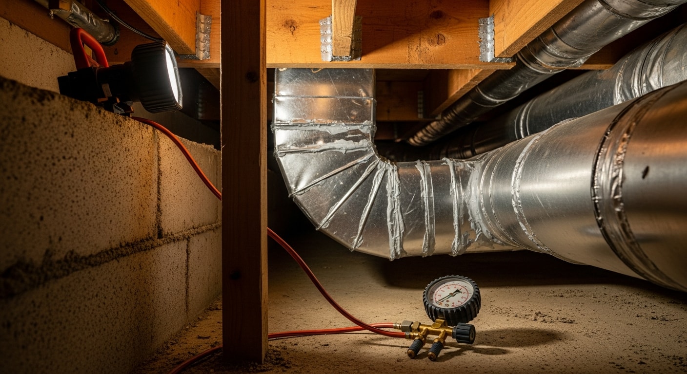 A technician inspecting and sealing a leaking duct joint in the crawlspace of a Knoxville home. The image shows exposed ductwork with visible gap sealing work in progress.