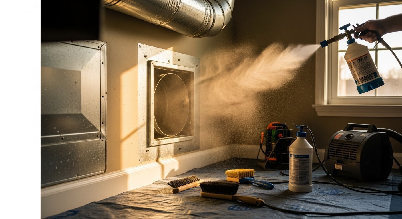 A Knoxville HVAC technician from 865 Duct & Dryer Vent Cleaning applying a fine sanitizing mist inside a residential duct system. The image shows the interior of a cleaned supply line with sanitizing agent coating the duct walls.