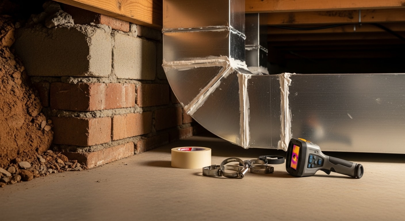 A technician inspecting and sealing exposed ductwork in the crawlspace of a Knoxville residential home. Duct seams and joints are visible with sealant applied to close air leaks.