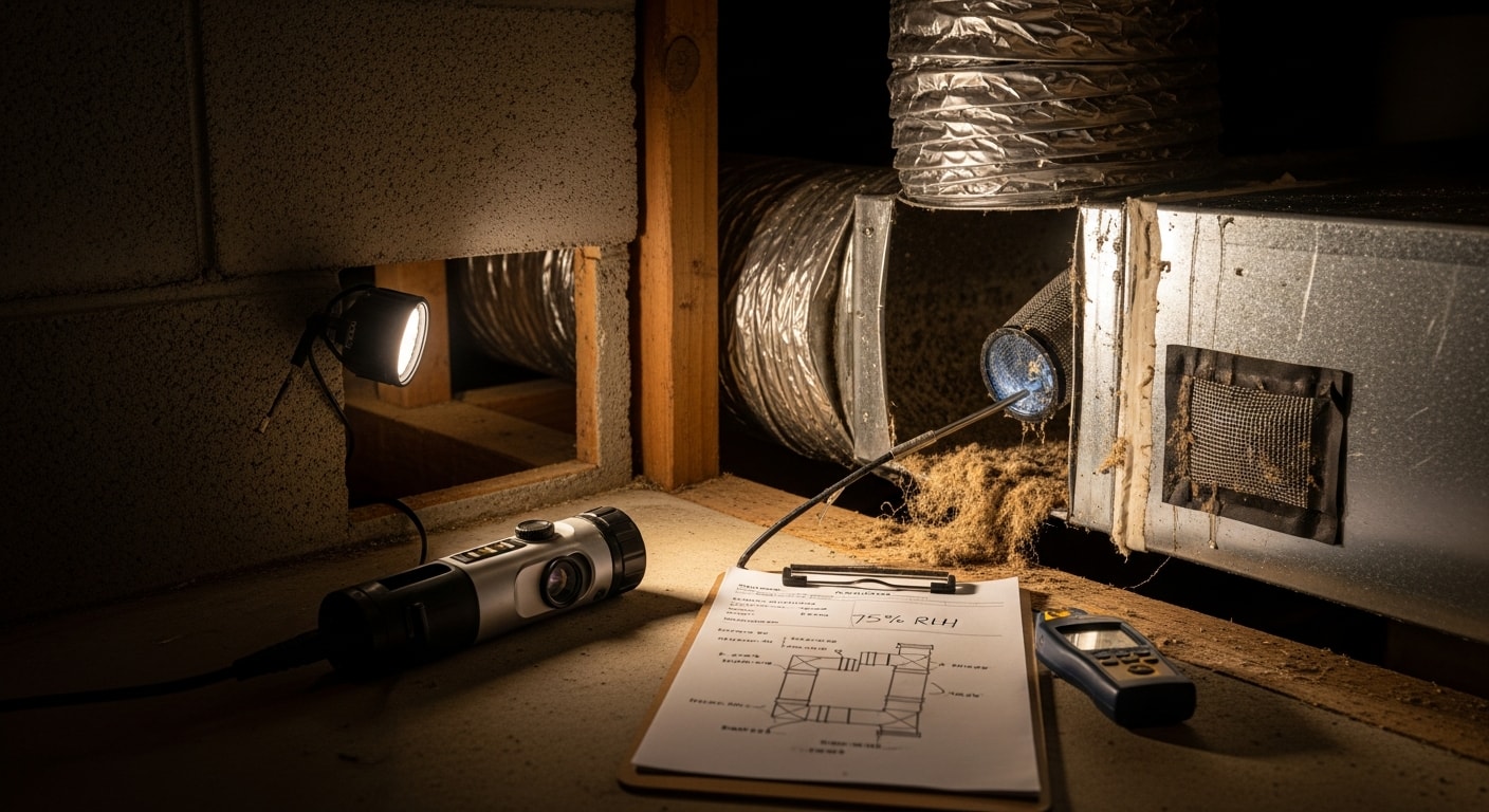 A technician from 865 Duct & Dryer Vent Cleaning inspecting interior ductwork in a Knoxville home, with a camera tool inserted into a supply duct access point. The crawlspace duct run is visible in the background, showing the typical construction found across Knox County properties.