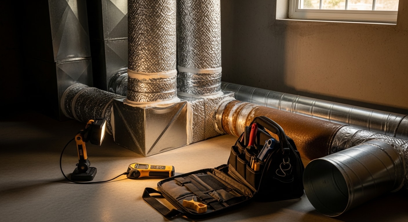 A technician inspecting and sealing a leaking HVAC duct joint in the crawlspace of a Knoxville, TN home. Visible duct sections show signs of wear consistent with the region's high humidity environment.