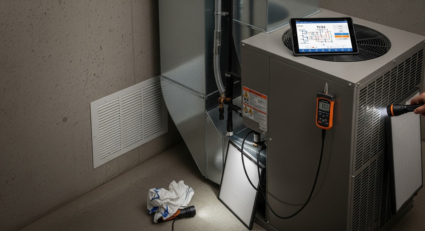 A technician inspecting the indoor air handler unit of a residential HVAC system in a Knoxville home. The technician is checking internal components including the blower and coil with a flashlight.