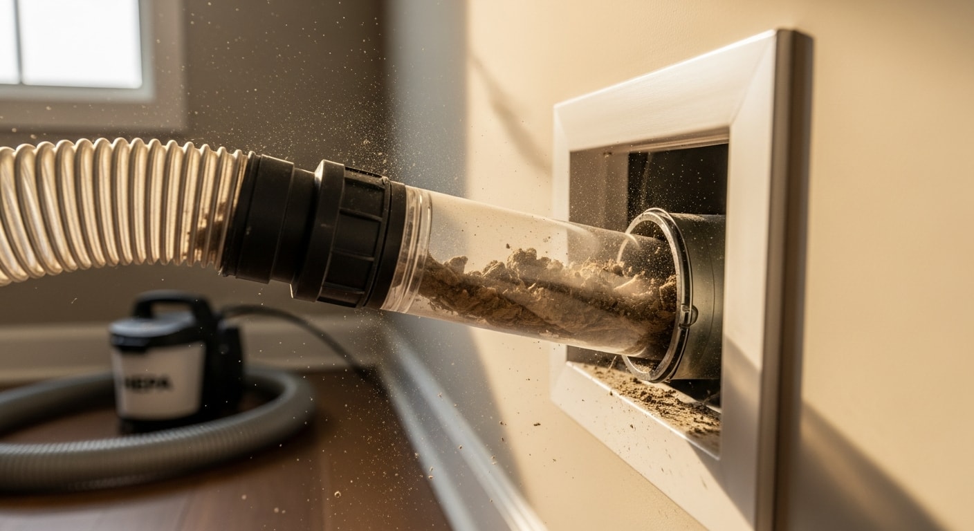 A Knoxville home's supply vent and connected ductwork shown before and after professional cleaning, with visible dust and debris removed from the interior duct walls. A dryer vent exterior cap is also shown clear of lint blockage following service by 865 Duct & Dryer Vent Cleaning.