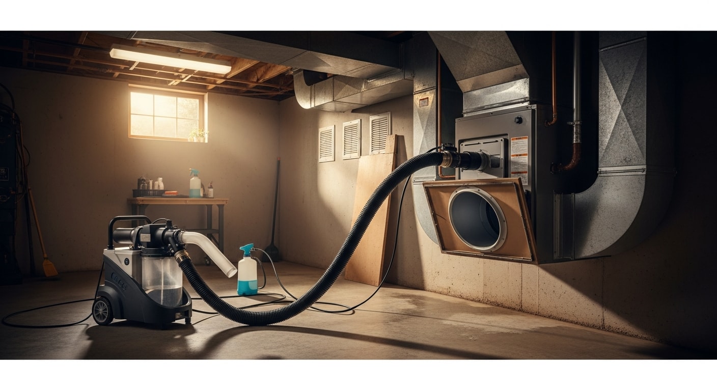 A technician from 865 Duct & Dryer Vent Cleaning inspecting a residential duct opening in a Knoxville home, with a high-powered vacuum hose connected to the duct system during an odor control service. The vent cover is removed and visible debris buildup is present on the interior duct walls.