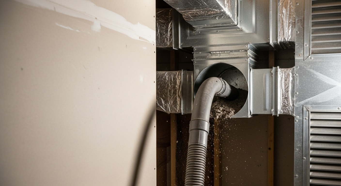 A technician from 865 Duct & Dryer Vent Cleaning uses professional vacuum equipment to clean a residential air duct in a Knoxville home. The image shows a clean register and duct opening after debris removal.