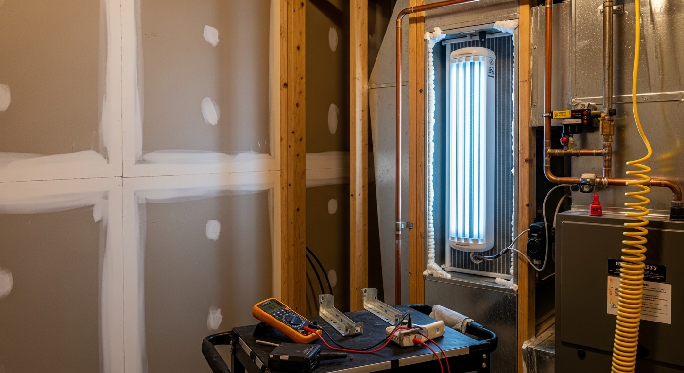 A UV air purification system mounted inside the ductwork of a residential HVAC unit in a Knoxville home. The UV lamp is positioned near the evaporator coil inside the air handler cabinet.